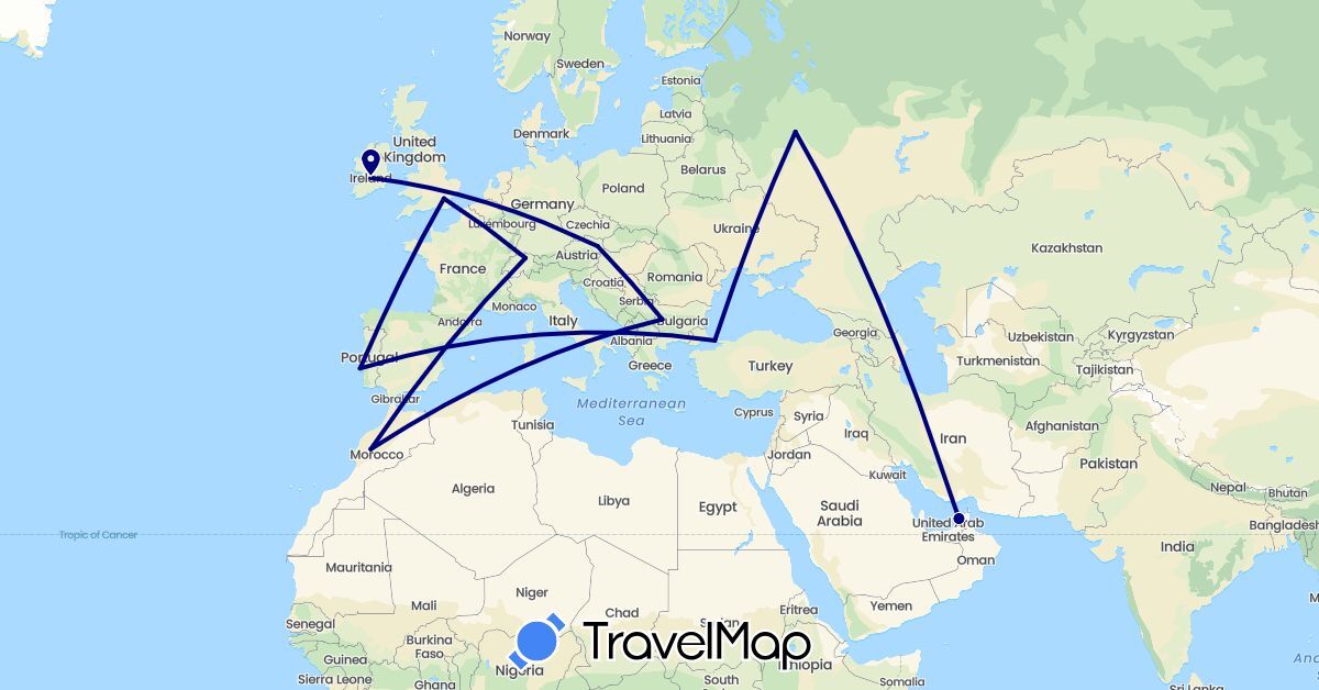 TravelMap itinerary: driving in United Arab Emirates, Austria, Bulgaria, Switzerland, United Kingdom, Ireland, Morocco, Portugal, Russia, Turkey (Africa, Asia, Europe)